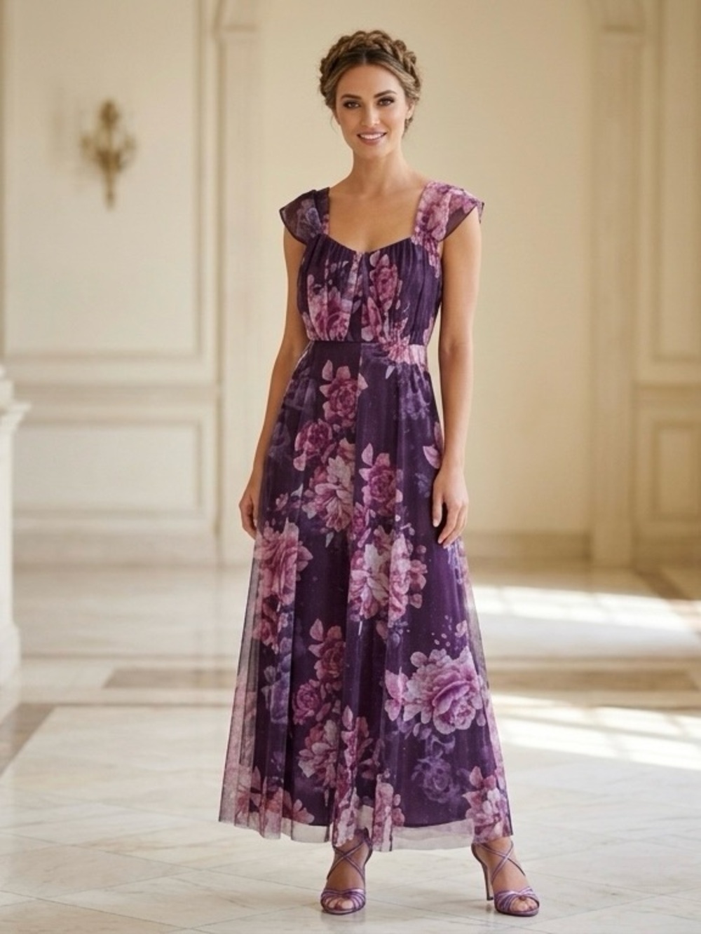 CANDALITE PETITE Floral Purple Maxi Dress with Sheer Overlay. Size PL
